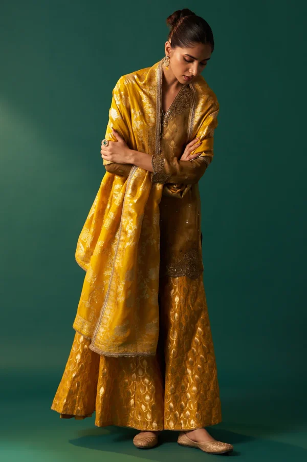 SP12568-223529_1_2cfe20eb-1703-4f2c-950a-d04d47769eba Mustard Solid Printed Silk Organza Straight Kurta, Culotte and Dupatta Set