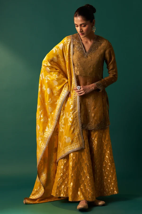 SP12568-223529_2_2c82e836-e5ae-405e-bad2-86fb4573c740 Mustard Solid Printed Silk Organza Straight Kurta, Culotte and Dupatta Set
