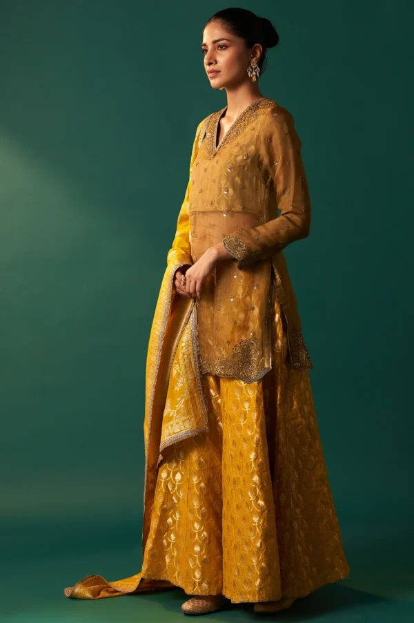 SP12568-223529_4_db17459c-4889-42a4-92c9-4a3e263d18c4 Mustard Solid Printed Silk Organza Straight Kurta, Culotte and Dupatta Set