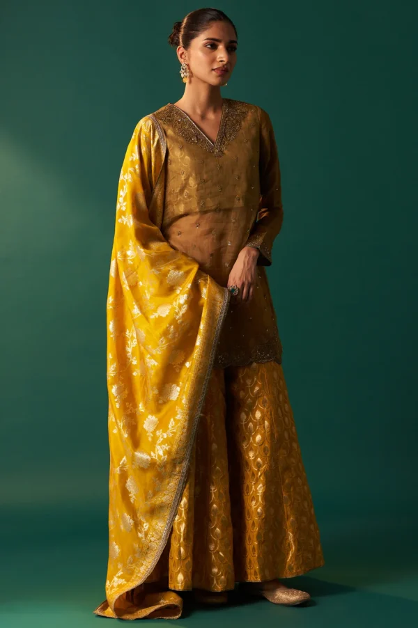 SP12568-223529_6_ddedb9e8-8315-423d-981a-bfca22a244f3 Mustard Solid Printed Silk Organza Straight Kurta, Culotte and Dupatta Set