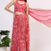 Pink Floral Printed Embellished Chiffon Sleeveless Crop Top, Skirt and Dupatta Set