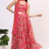 Pink Floral Printed Embellished Chiffon Sleeveless Crop Top, Skirt and Dupatta Set