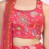 Pink Floral Printed Embellished Chiffon Sleeveless Crop Top, Skirt and Dupatta Set