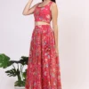 Pink Floral Printed Embellished Chiffon Sleeveless Crop Top, Skirt and Dupatta Set