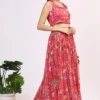 Pink Floral Printed Embellished Chiffon Sleeveless Crop Top, Skirt and Dupatta Set