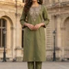 Olive embroidered straight kurta with straight pants co-ord set for women