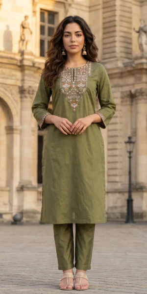 Olive embroidered straight kurta with straight pants co-ord set for women