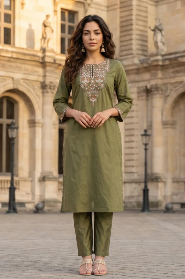 Olive embroidered straight kurta with straight pants co-ord set for women