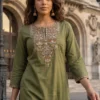 Olive Embroidered Straight Kurta With Straight Pants Co-ord Set
