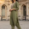 Olive Embroidered Straight Kurta With Straight Pants Co-ord Set