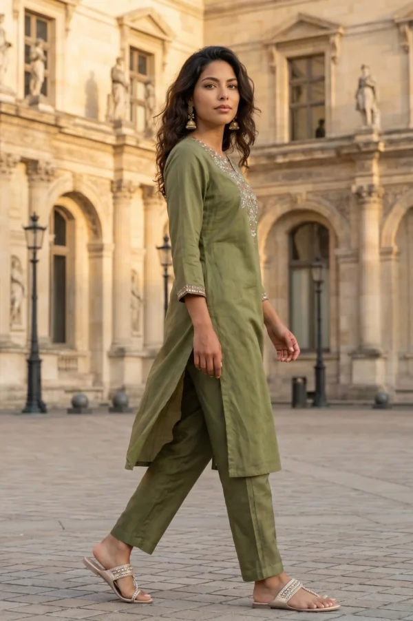 Woman wearing an olive green embroidered kurta and matching pants with embellished sandals, walking in a grand historic European courtyard.