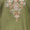 Olive green embroidered kurta with intricate multicolour floral and paisley neckline detailing