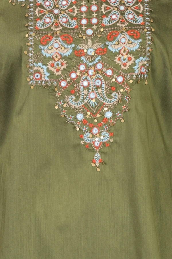 Olive green embroidered kurta with intricate multicolour floral and paisley neckline detailing